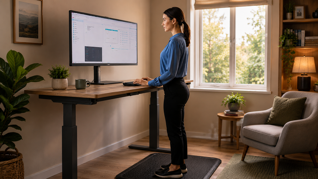 standing desk header woman workign at a standing desk