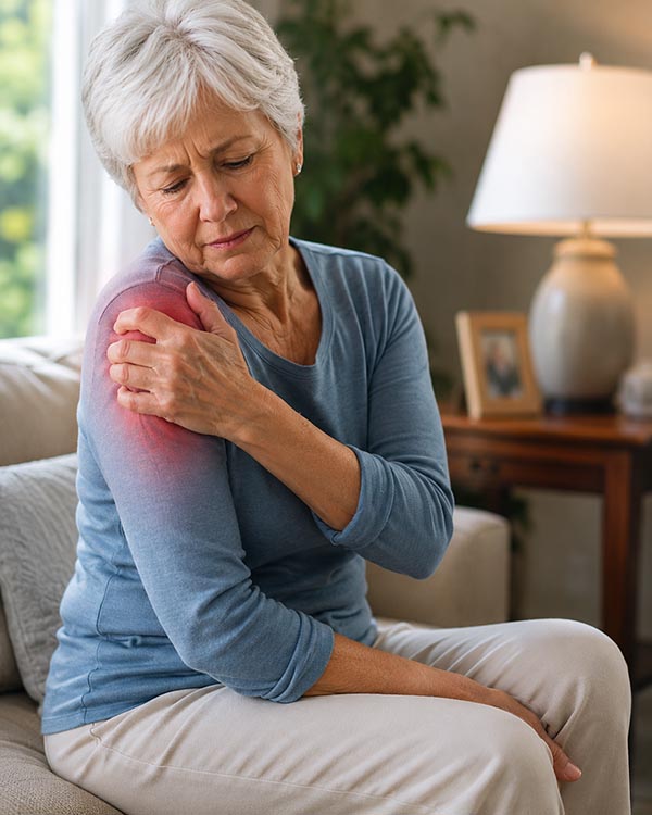 Shoulder pain inflammation joint and back pain can shopw up in the shoulder like this one
