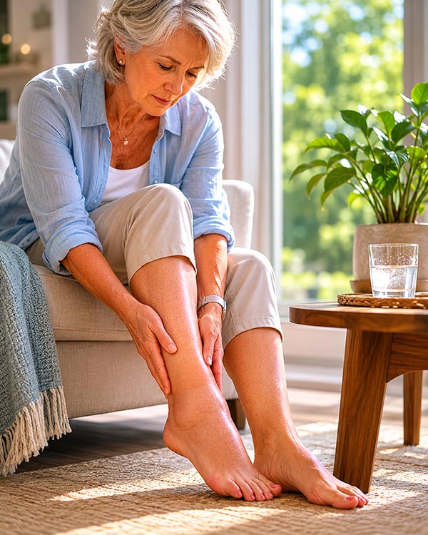 Swelling in heat Why do I Swell in the heat is a common quesion for women like this one rubbing her swelling feet